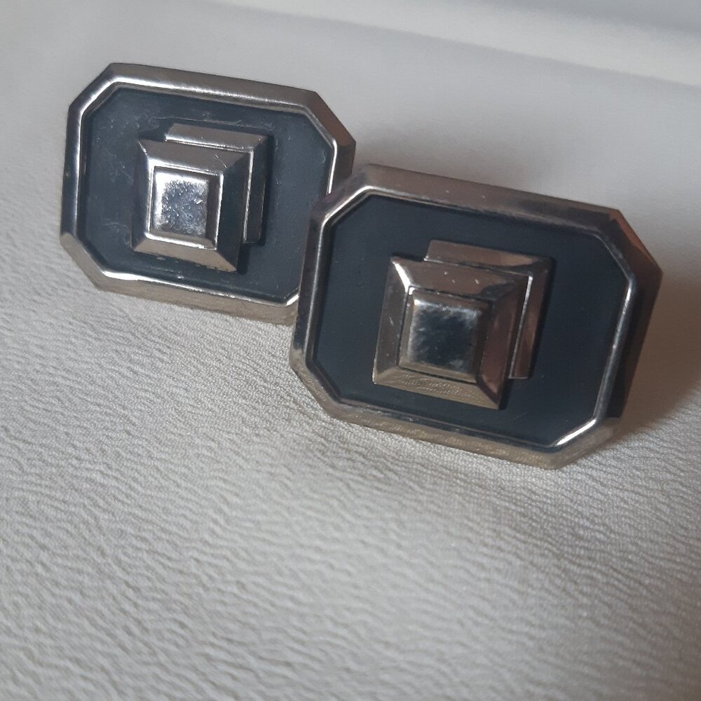 Vintage Cufflinks Silver Tone Rectangular with Black Background & Raised Design